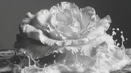  A monochrome image of a flower with water splashing from its petals on a tabletop