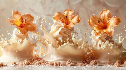   Three orange flowers spill out of milk onto a white surface surrounded by a pink background