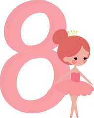 birthday number illustration for girls, with ballerina theme, number 8