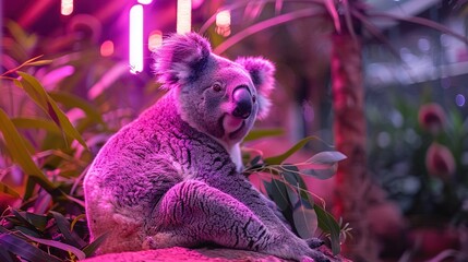   A koala rests atop a rock, surrounded by a tree adorned with pink blossoms and lush foliage