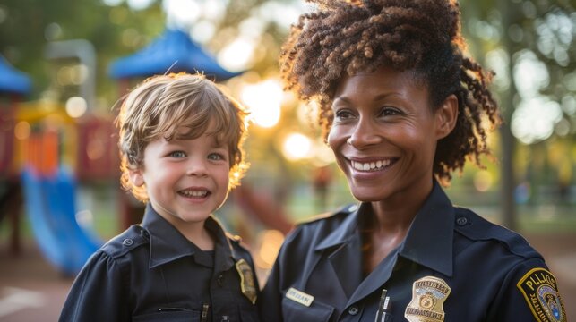 community policing initiative, an african american policewoman on neighborhood patrol with a young caucasian boy, showcasing community policing at a playground with a friendly vibe