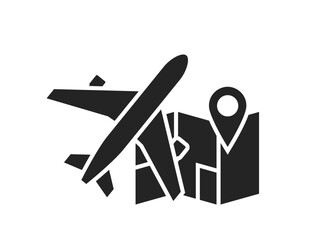 air travel flat icon. plane and map. destination, vacation and journey symbol. isolated vector image for tourism design