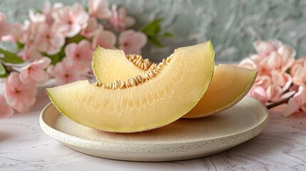   A pair of juicy melons resting on a white platter with an assortment of vibrant pink blossoms nearby