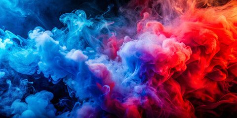 Dramatic smoke and fog in contrasting vivid red, blue, and purple colors. Vivid and intense abstract background or wallpaper.