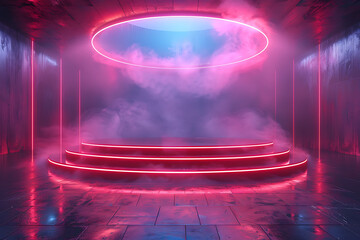 A futuristic 3D podium illuminated with vibrant neon lights, creating a striking and modern visual effect perfect for high-tech presentations or digital displays
