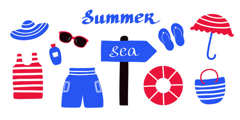 Set of summer beach elements sea red blue marine clothes bag glasses vacation 