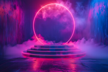 Obraz premium A futuristic 3D podium illuminated with vibrant neon lights, creating a striking and modern visual effect perfect for high-tech presentations or digital displays