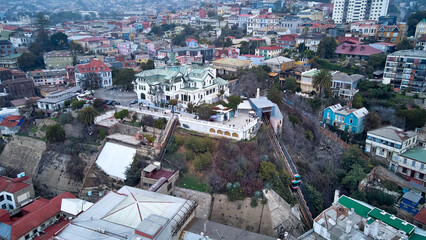 Colorful house in Valparaiso, Chile with view on the port. UNESCO World Heritage.