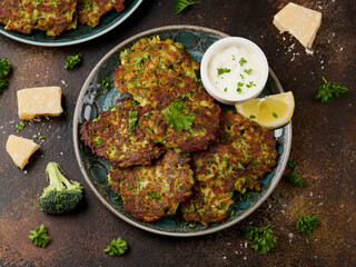 Fried Broccoli fritters or pancakes with parmesan and mozzarella cheese