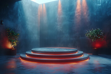 A modern 3D podium with a striking neon effect, creating a futuristic and vibrant visual perfect for showcasing products or awards in a contemporary setting