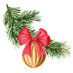 Pine branch with Christmas ball and red bow. Hand painted watercolor illustration for greeting cards, invitations isolated on a white background