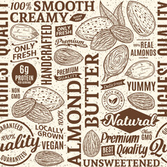 Typographic vector almond butter seamless pattern or background