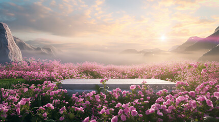 Natural beauty podium backdrop with spring rose flower field scene. 3d rendering