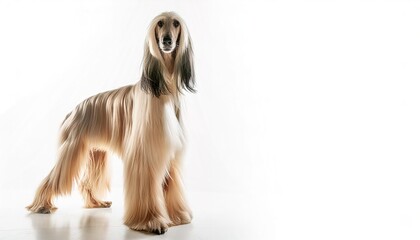 Afghan dog - Canis lupus familiaris - is a hound distinguished by its thick, fine, silky coat, and a tail with a ring curl at the end. isolated on white background