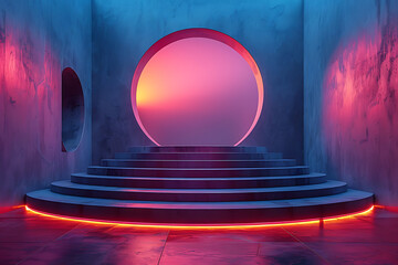 A modern 3D podium with a striking neon effect, creating a futuristic and vibrant visual perfect for showcasing products or awards in a contemporary setting