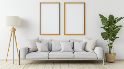 Naklejka premium Interior poster mockup with two vertical empty wooden frames, Plant and sofa, lamp in modern living room with white wall. 3D rendering