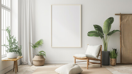 Interior poster mockup with two vertical empty wooden frames, Plant and sofa, lamp in modern living room with white wall. 3D rendering