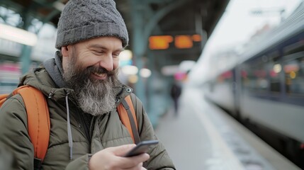 Smiling bearded man looking at his smart phone at a train station.