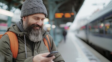 Smiling bearded man looking at his smart phone at a train station. - Powered by Adobe