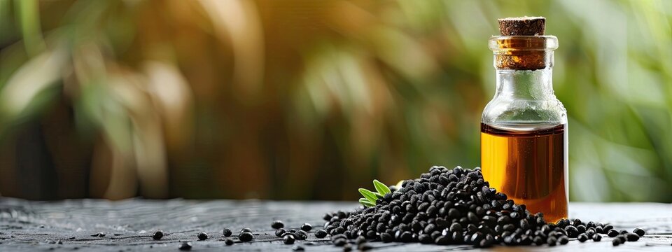 black seed essential oil close-up. Selective focus