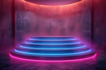 A modern 3D podium with a striking neon effect, creating a futuristic and vibrant visual perfect for showcasing products or awards in a contemporary setting