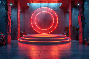 Obraz premium A modern 3D podium with a striking neon effect, creating a futuristic and vibrant visual perfect for showcasing products or awards in a contemporary setting