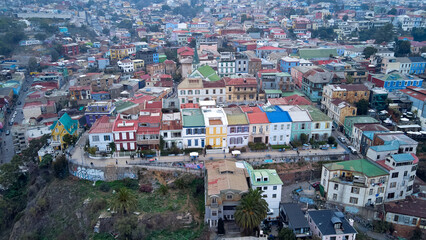 Colorful house in Valparaiso, Chile with view on the port. UNESCO World Heritage.