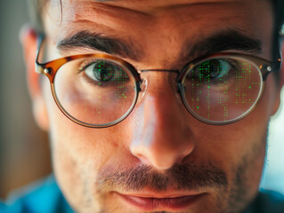 Computer engineer with reading glasses programming binary code. The code is reflected in his glasses.