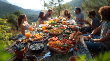 Friends enjoying a vibrant outdoor feast in nature