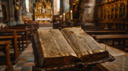 A large open book with a gold binding sits on a table in a church