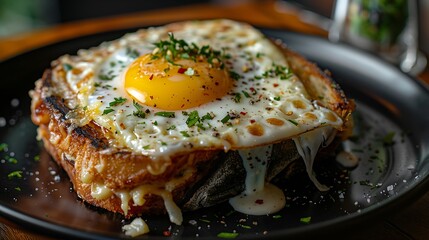 croque monsieur with an egg on topsitting on a black plate