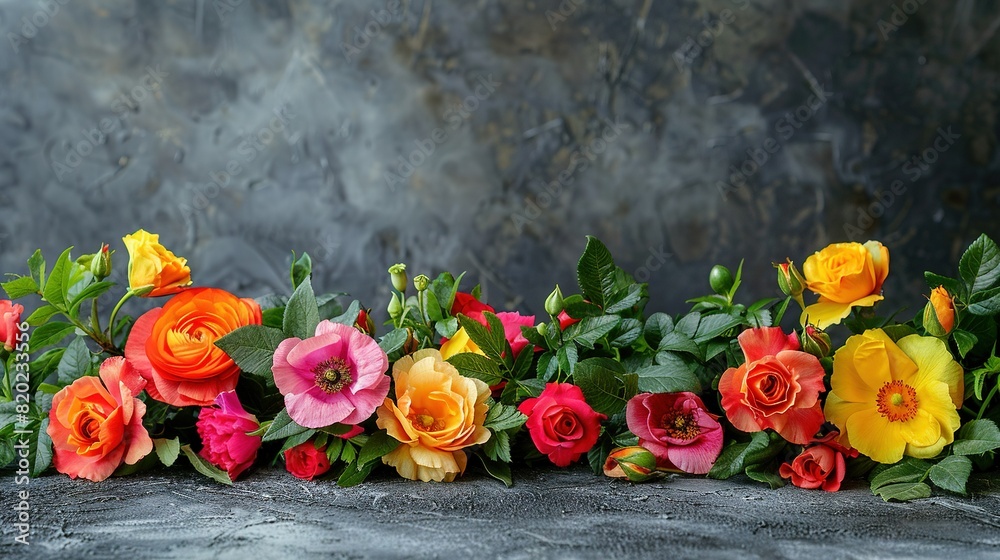 Wall mural   Row of multicolored flowers on cement floor with green foliage and varied hues