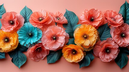   A cluster of paper flowers featuring vibrant leaves on a pink canvas with a striking blue and orange blossom atop them