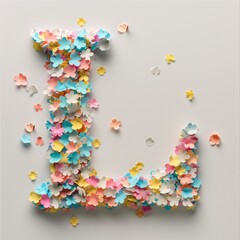 A beautiful Letter L written with beautiful confetti decorations on plain background.