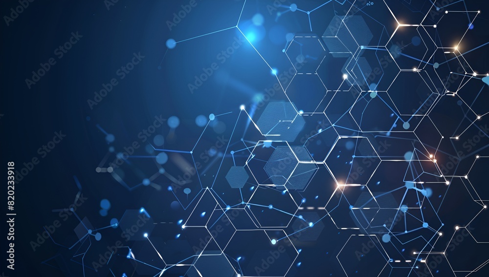 Poster Abstract technology background with a hexagon pattern and connection lines, depicting a digital network concept for science or medical research in the style of a vector illustration on a dark blue col