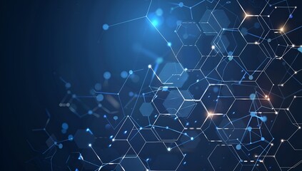 Obraz premium Abstract technology background with a hexagon pattern and connection lines, depicting a digital network concept for science or medical research in the style of a vector illustration on a dark blue col