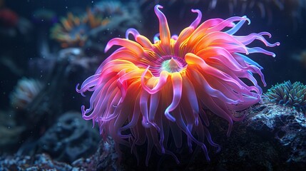   An orange-pink sea anemone rests atop coral in its tank