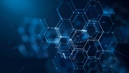Obraz premium Abstract technology background with a hexagon pattern and connection lines, depicting a digital network concept for science or medical research in the style of a vector illustration on a dark blue col