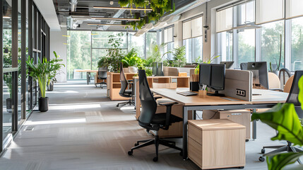Open-plan office featuring modular furniture arrangements.