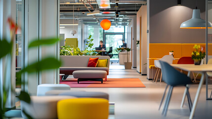 Open-plan office with a dedicated brainstorming corner.