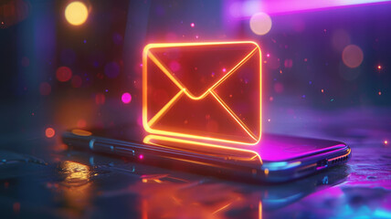 Neon email icon on smartphone, vibrant digital communication concept