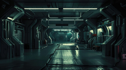 Dark spaceship interior background, inside modern room or hallway, equipment of spacecraft corridor. Concept of futuristic hall, garage, space, future.