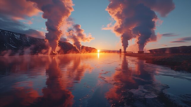 Beautiful landscape of the river and city. A tall columns of smoke rose above the city. Factory with steam and emissions in the evening.Nature and industrial vibe in one place.