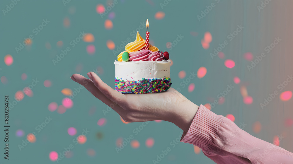 Sticker A hand holding a celebration birthday cake. trendy collage design style AI