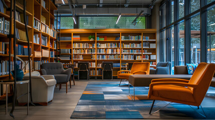 Open-plan office with a library and reading nook.