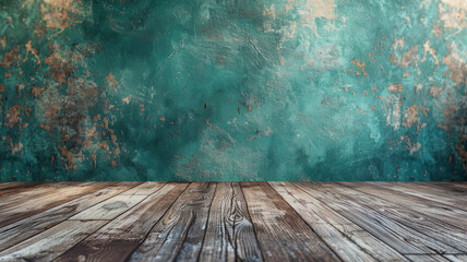 A rustic wooden floor against an aged, textured teal wall.