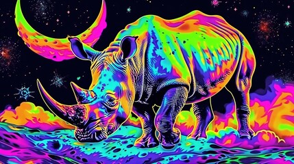   A rhino painted against a green backdrop and a starry sky