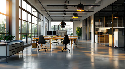 Open-plan office with dynamic lighting setups.