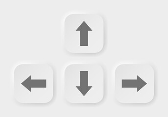 Up, down, left and right arrows. Direction control and ok buttons. White and gray 3d icons, neomorphism. Keyboard Directional buttons