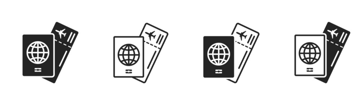 flight ticket and passport icon set. journey, vacation and air travel symbols. isolated vector images for tourism design
